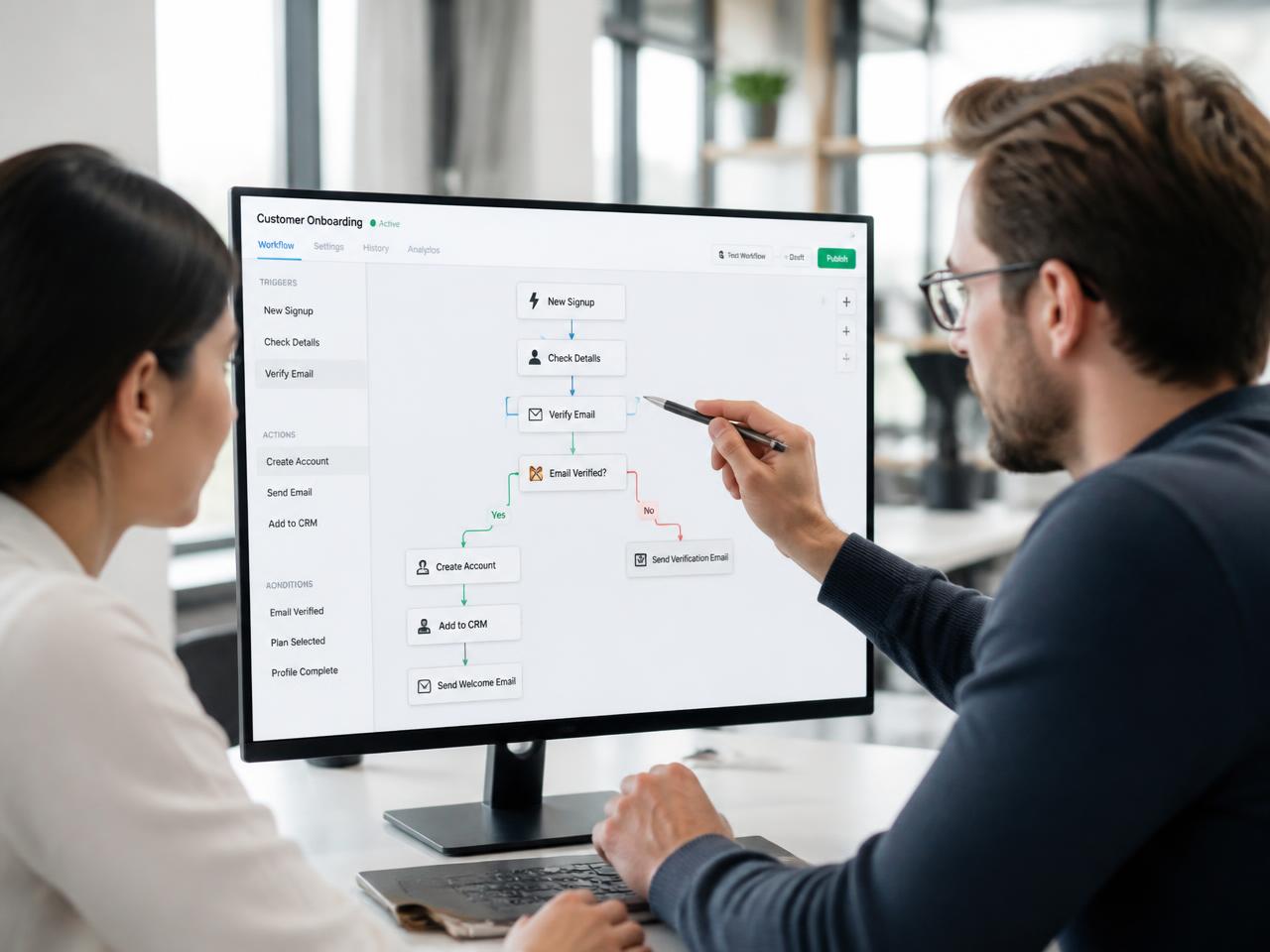Two engineers reviewing an automation workflow on screen